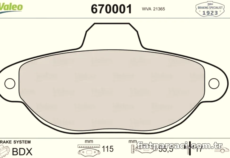 ON FREN BALATASI PANDA 1,1 / 1,3 HB 09 / 03> PUNTO 1.2 8V 03> - Valeo - VALEO 670001
